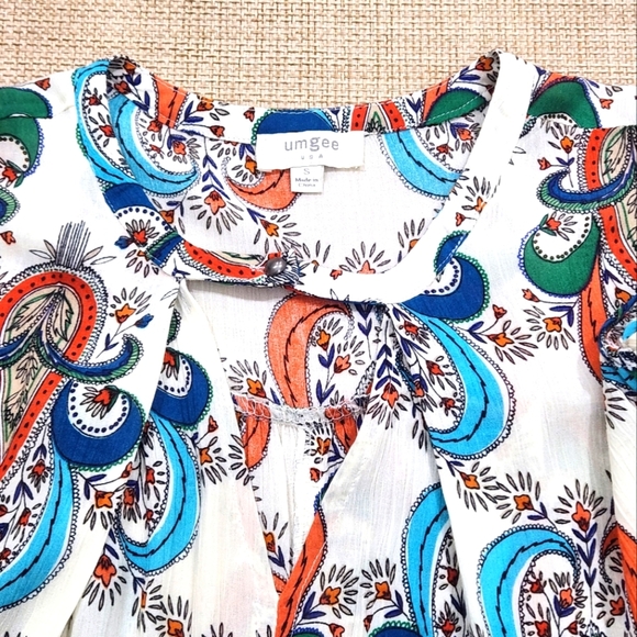 Umgee Boho Colorful Paisley Peasant Babydoll Mini Dress Large Open Shoulder S - Picture 4 of 7